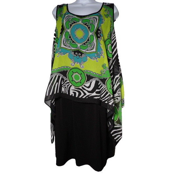 S.L. Fashions 18W Dress Shift Boho Layered Black Green Peasant Abstract Artsy - Picture 2 of 10